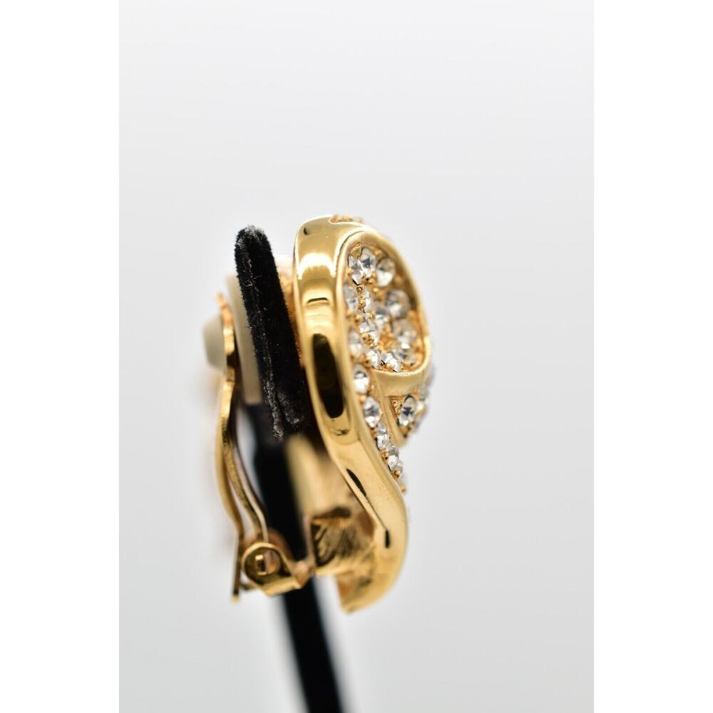 Givenchy Vintage Crystal Heart Clip On Earrings Gold Chunky Signed 1980s BinAZ - Picture 8 of 12